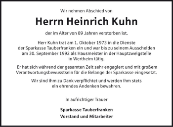 Traueranzeige von Heinrich Kuhn von Fränkische Nachrichten