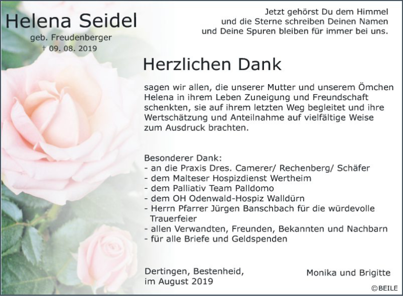  Traueranzeige für Helene Seidel vom 31.08.2019 aus Fränkische Nachrichten