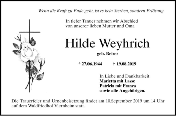 Traueranzeige von Hilde Weyhrich von Südhessen Morgen