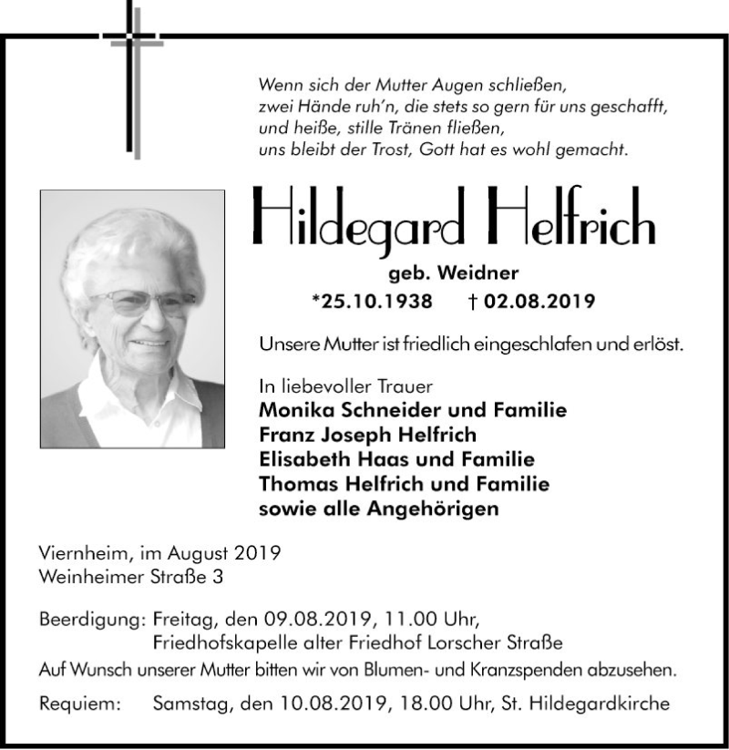  Traueranzeige für Hildegard Helfrich vom 06.08.2019 aus Südhessen Morgen