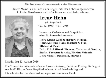 Traueranzeige von Irene Hehn von Fränkische Nachrichten