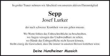 Traueranzeige von Josef Lurker von Fränkische Nachrichten