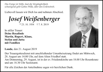 Traueranzeige von Josef Weißenberger von Fränkische Nachrichten