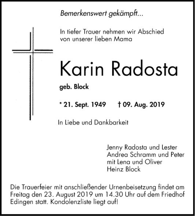  Traueranzeige für Karin Radosta vom 17.08.2019 aus Mannheimer Morgen