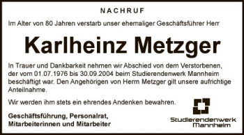 Traueranzeige von Karlheinz Metzger von Mannheimer Morgen
