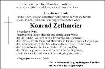 Traueranzeige von Konrad Zethmeier von Fränkische Nachrichten