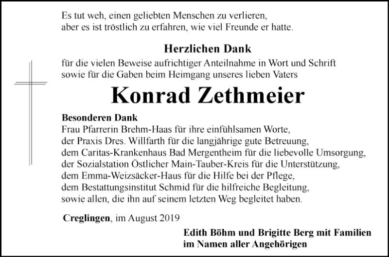  Traueranzeige für Konrad Zethmeier vom 17.08.2019 aus Fränkische Nachrichten
