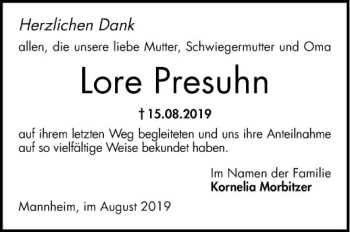 Traueranzeige von Lore Presuhn von Mannheimer Morgen