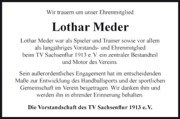 Traueranzeige von Lothar Meder von Fränkische Nachrichten