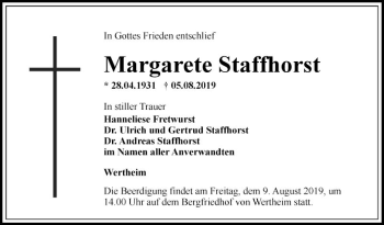 Traueranzeige von Margarete Staffhorst von Fränkische Nachrichten