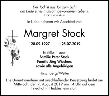 Traueranzeige von Margret Stock von Mannheimer Morgen
