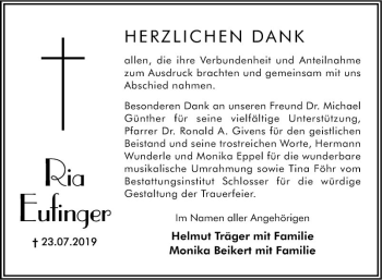 Traueranzeige von Ria Eufinger von Südhessen Morgen