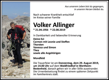 Traueranzeige von Volker Allinger von Fränkische Nachrichten