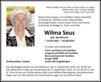 Traueranzeige von Wilma Seus von Fränkische Nachrichten