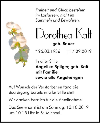 Traueranzeige von Dorothea Kalt von Südhessen Morgen