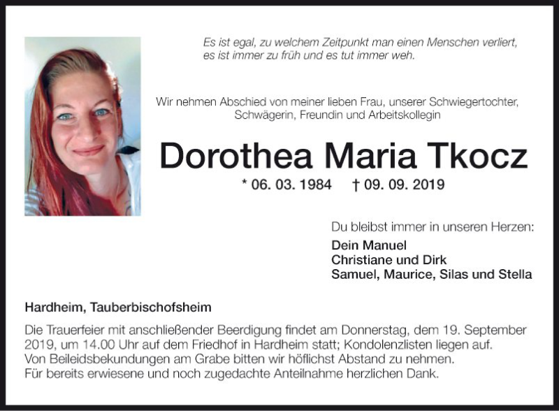  Traueranzeige für Dorothea Maria Tkocz vom 14.09.2019 aus 