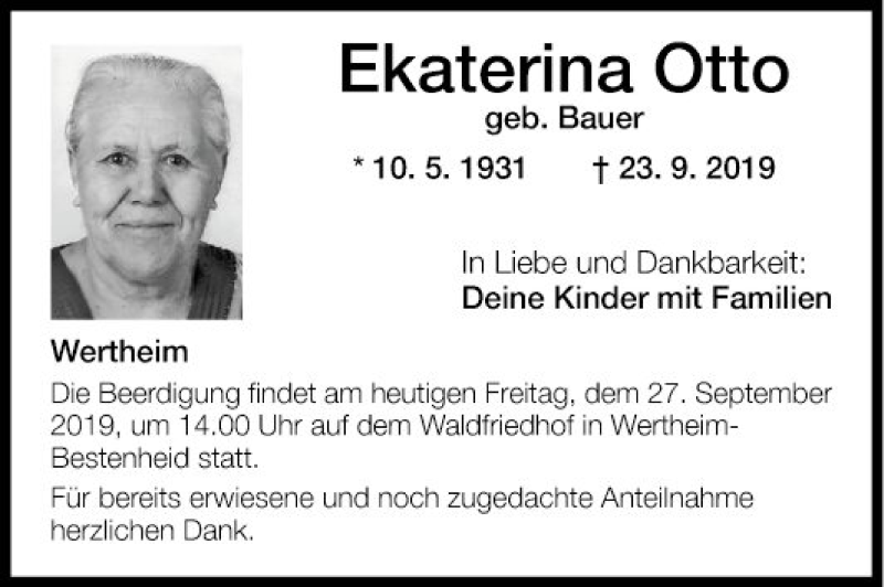  Traueranzeige für Ekaterina Otto vom 27.09.2019 aus Fränkische Nachrichten
