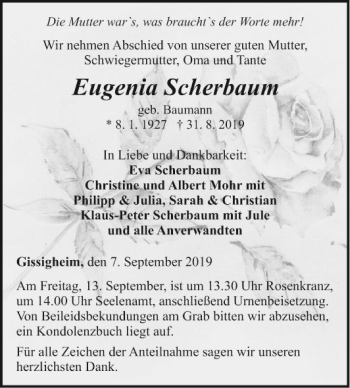 Traueranzeige von Eugenia Scherbaum von Fränkische Nachrichten
