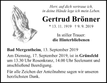 Traueranzeige von Gertrud Brönner von Fränkische Nachrichten