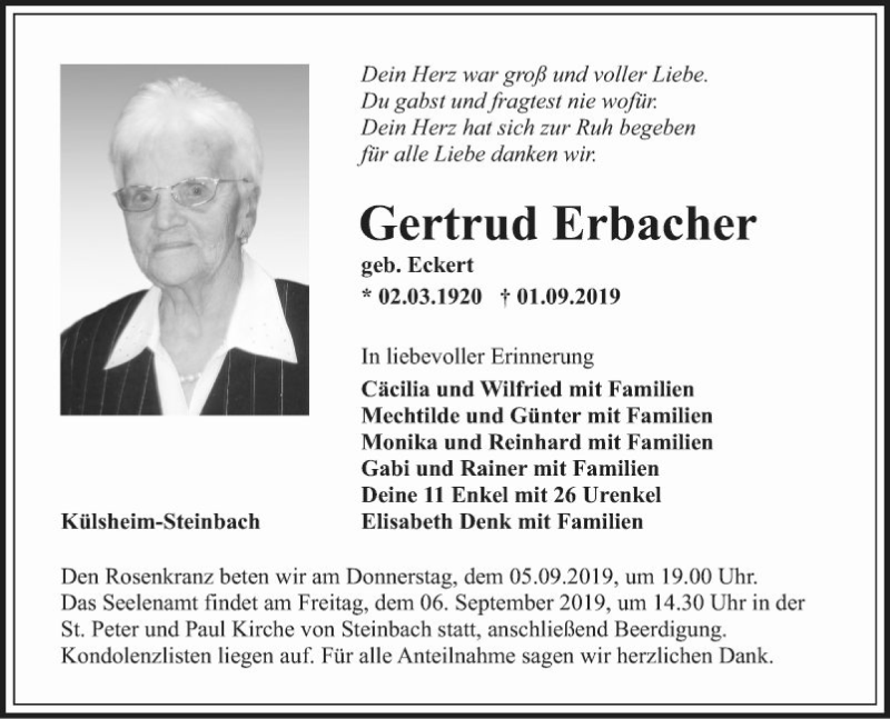  Traueranzeige für Gertrud Erbacher vom 04.09.2019 aus Fränkische Nachrichten