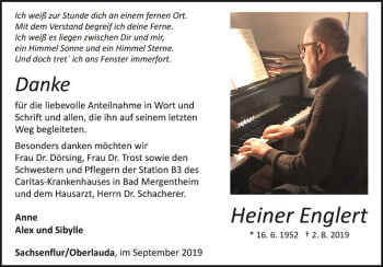 Traueranzeige von Heiner Englert von Fränkische Nachrichten