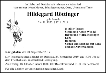 Traueranzeige von Hildegard Röttinger von Fränkische Nachrichten