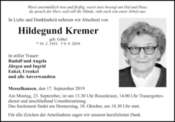 Traueranzeige von Hildegund Kremer von Fränkische Nachrichten