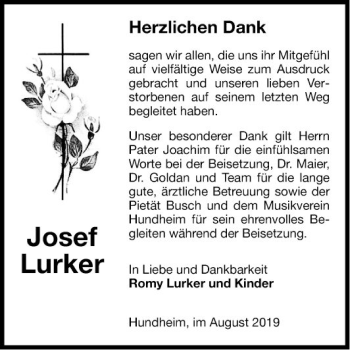 Traueranzeige von Josef Lurker von Fränkische Nachrichten
