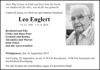Traueranzeige von Leo Englert von Fränkische Nachrichten