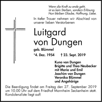 Traueranzeige von Luitgard von Dungen von Mannheimer Morgen