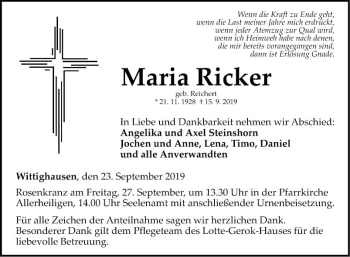 Traueranzeige von Maria Ricker von Fränkische Nachrichten