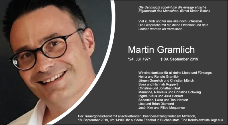  Traueranzeige für Martin Gramlich vom 14.09.2019 aus 