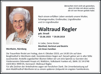 Traueranzeige von Waltraud Regler von Fränkische Nachrichten