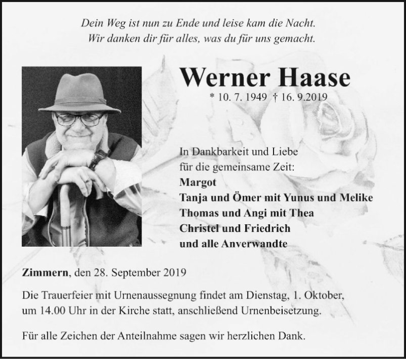  Traueranzeige für Werner Haase vom 28.09.2019 aus Fränkische Nachrichten