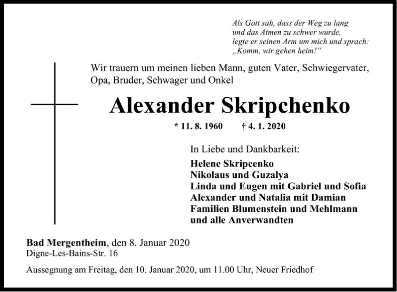  Traueranzeige für Alexander Skripchenko vom 08.01.2020 aus Fränkische Nachrichten