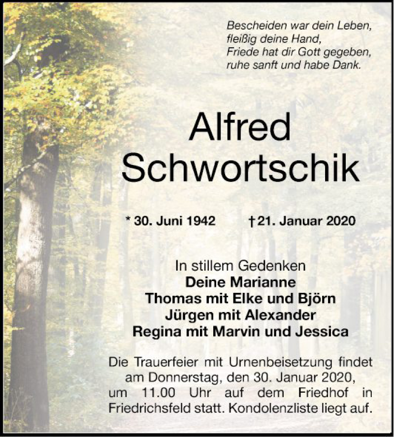  Traueranzeige für Alfred Schwortschik vom 25.01.2020 aus Mannheimer Morgen