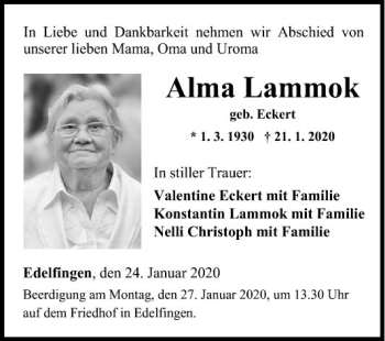 Traueranzeige von Alma Lammok von Fränkische Nachrichten
