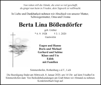 Traueranzeige von Berta Lina Bößendörfer von Fränkische Nachrichten