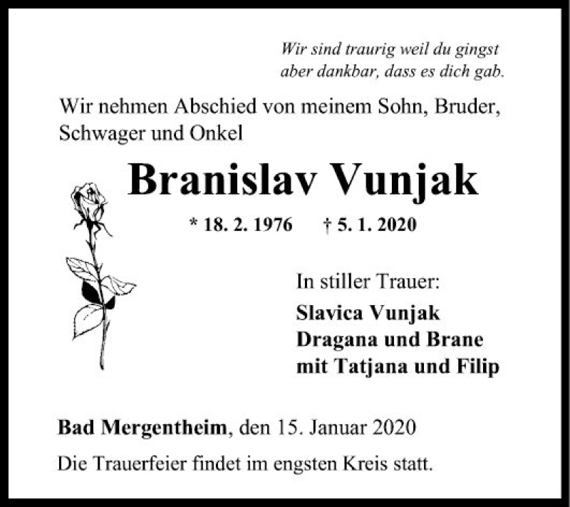  Traueranzeige für Branislav Vunjak vom 15.01.2020 aus Fränkische Nachrichten