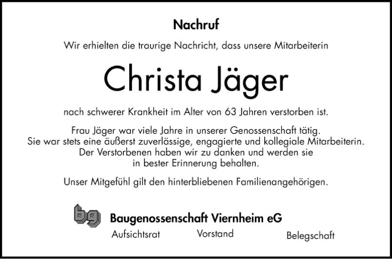  Traueranzeige für Christa Jäger vom 30.01.2020 aus Südhessen Morgen