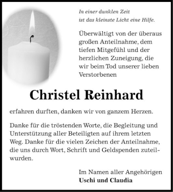 Traueranzeige von Christel Reinhard von Fränkische Nachrichten