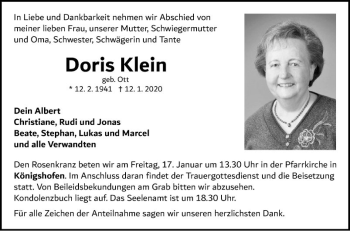 Traueranzeige von Doris Klein von Fränkische Nachrichten
