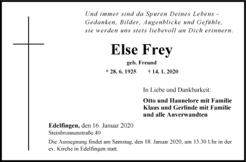 Traueranzeige von Else Frey von Fränkische Nachrichten