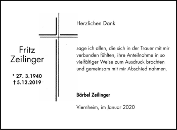 Traueranzeige von Fritz Zeilinger von Südhessen Morgen