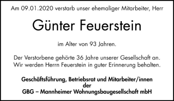 Traueranzeige von Günter Feuerstein von Mannheimer Morgen