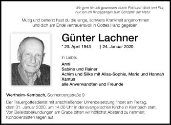 Traueranzeige von Günter Lachner von Fränkische Nachrichten