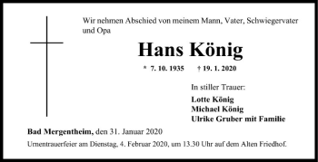 Traueranzeige von Hans König von Fränkische Nachrichten