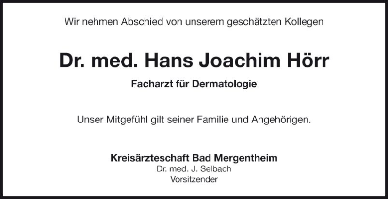  Traueranzeige für Hans Joachim Hörr vom 29.01.2020 aus Fränkische Nachrichten
