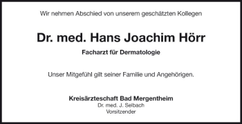 Traueranzeige von Hans Joachim Hörr von Fränkische Nachrichten