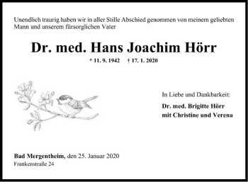 Traueranzeige von Hans Joachim Hörr von Fränkische Nachrichten